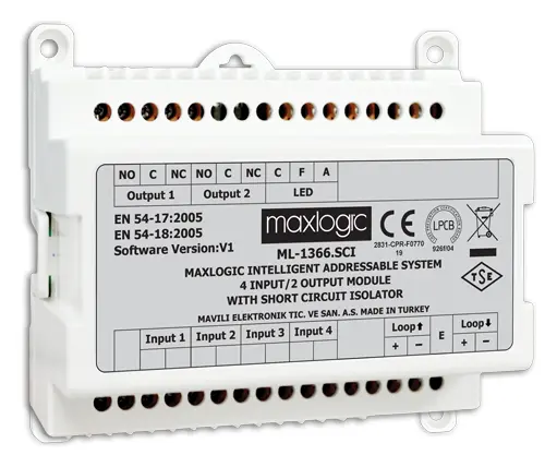 Mavili ML-1363.SCI Akıllı Adresli 2/1 Giriş/Çıkış (I/O) Modülü, 2 Kontak İzleme, 1 Röle Çıkışı, Kısa Devre İzolatörlü