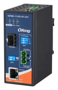 ORing IGPMC-111GP-BT-24V IEEE 802.3bt PoE Medya Dönüştürücü ve 1GE PoE ve 1G SFP socket, 24VDC Endüstriyel PoE Medya Dönüştürücü
