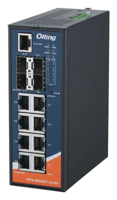 ORing IGPS-9084GP-LA-24V 8GE PoE + 4G SFP Cyber-hardened L2 Ethernet Switch, IEEE 802.3af/at, 24VDC Endüstriyel Yönetilebilir PoE Switch — görsel 3