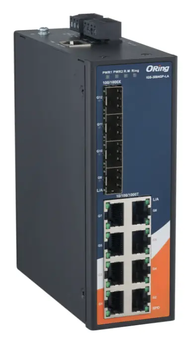 ORing IGS-3084GP-LA 12 Port Gigabit Ethernet switch ve 8x 10/100/1000Base-T(X) ve 4x 100/1000Base-(F)X SFP socket Endüstriyel Yönetilebilir Switch