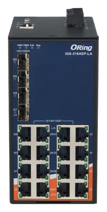 ORing IGS-3164GP-LA 20 Port Gigabit Ethernet switch ve 16x10/100/1000Base-T(X) ve 4x100/1000Base-(F)X, SFP socket Endüstriyel Yönetilebilir Switch — görsel 2