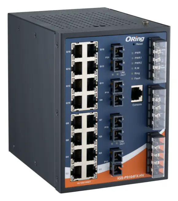 ORing IGS-P9164FX-MM-SC-HV IEC 61850-3 Yönetilebilir Ethernet Switch ve 16GE + 4 SC Multi-mode, Dual AC/DC IEC 61850-3 Trafo Merkezi Switch