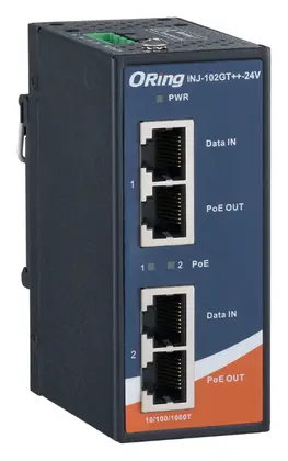 ORing INJ-102GT++-24V 2 Port Gigabit Yüksek Güçlü PoE++ Enjektör, IEEE 802.3af/at, 24VDC Endüstriyel PoE Enjektör