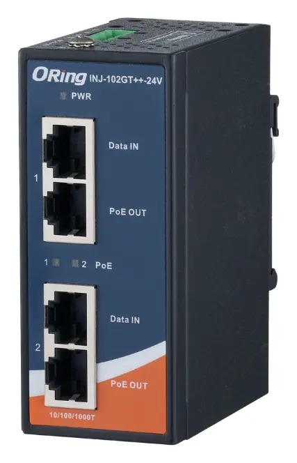 ORing INJ-102GT++-24V 2 Port Gigabit Yüksek Güçlü PoE++ Enjektör, IEEE 802.3af/at, 24VDC Endüstriyel PoE Enjektör — görsel 3