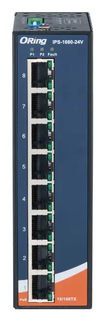 ORing IPS-1080-24V 8FE PoE Ethernet Switch, IEEE 802.3af/at, 24VDC Endüstriyel Yönetilemez PoE Switch — görsel 2