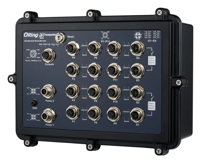 ORing TES-W9124GT-M12X-BP2-24V-IP54 EN50155 Yönetilebilir Ethernet Switch ve 12FE ve 4GE Bypass, M12 konnektör, IP54, 24VDC EN50155 Demiryolu Switch — görsel 3