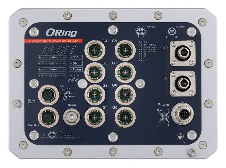 ORing TGPS-W9082GF-MM-M12X-QS-MV-IP54 EN50155 Yönetilebilir PoE Switch ve 8GE PoE ve 2G Q-ODC Multi-mode, IEEE 802.3af/at, IP54 EN50155 Demiryolu PoE Switch — görsel 2
