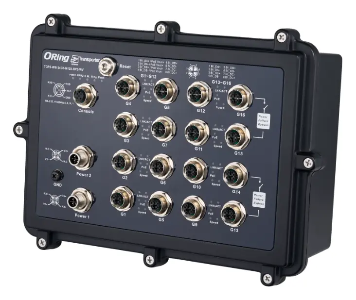 ORing TGPS-W9124GT-M12X-BP2-WV-IP54 EN50155 16 Port Yönetilebilir Gigabit PoE Ethernet switch with12x10/100/1000Base-T(X) P.S.E. EN50155 Demiryolu PoE Switch — görsel 3
