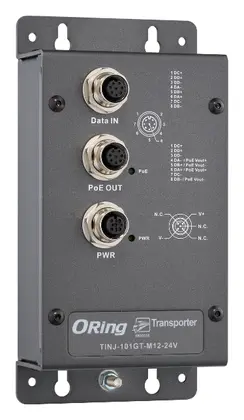 ORing TINJ-101GT-M12-24V EN50155 1 Port Gigabit PoE Enjektör, M12 konnektör, IEEE 802.3af/at, 24VDC Endüstriyel PoE Enjektör