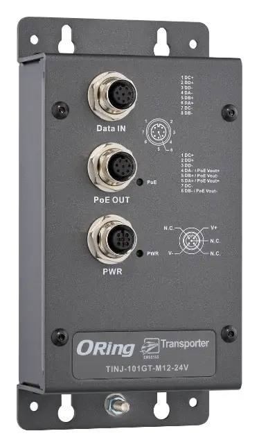 ORing TINJ-101GT-M12-24V EN50155 1 Port Gigabit PoE Enjektör, M12 konnektör, IEEE 802.3af/at, 24VDC Endüstriyel PoE Enjektör