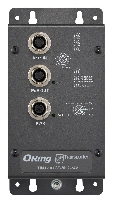ORing TINJ-101GT-M12-24V EN50155 1 Port Gigabit PoE Enjektör, M12 konnektör, IEEE 802.3af/at, 24VDC Endüstriyel PoE Enjektör — görsel 2