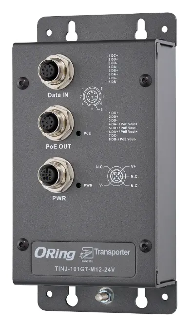 ORing TINJ-101GT-M12-24V EN50155 1 Port Gigabit PoE Enjektör, M12 konnektör, IEEE 802.3af/at, 24VDC Endüstriyel PoE Enjektör — görsel 3