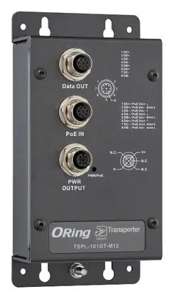 ORing TSPL-101GT-M12-24V EN50155 1 Port Gigabit PoE Splitter, M12 konnektör, IEEE 802.3af/at, 24VDC Endüstriyel PoE Splitter