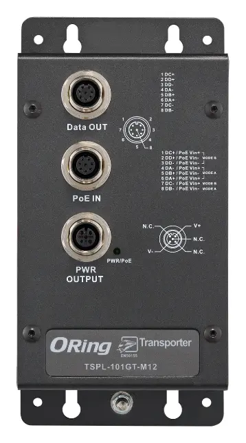 ORing TSPL-101GT-M12-24V EN50155 1 Port Gigabit PoE Splitter, M12 konnektör, IEEE 802.3af/at, 24VDC Endüstriyel PoE Splitter — görsel 2