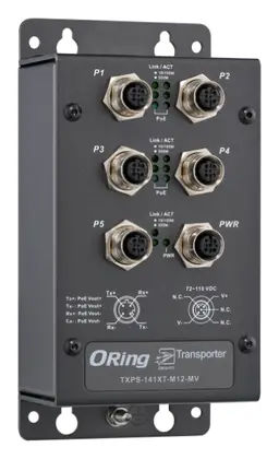 ORing TXPS-141XT-M12-MV EN50155 Yönetilemez PoE Switch ve 4x 10/100/500Base-T(X) PoE ve 1x 10/100/500Base-T(X) EN50155 Demiryolu PoE Switch
