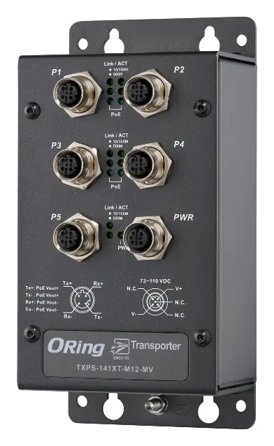 ORing TXPS-141XT-M12-MV EN50155 Yönetilemez PoE Switch ve 4x 10/100/500Base-T(X) PoE ve 1x 10/100/500Base-T(X) EN50155 Demiryolu PoE Switch — görsel 3