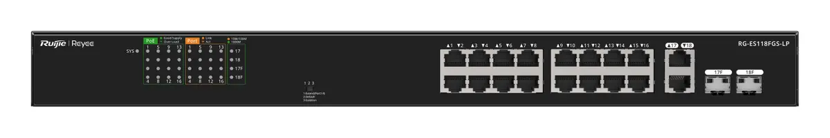 Reyee RG-ES118FGS-LP 16 Port Fast Ethernet PoE 2×Gigabit Yönetilemez Switch