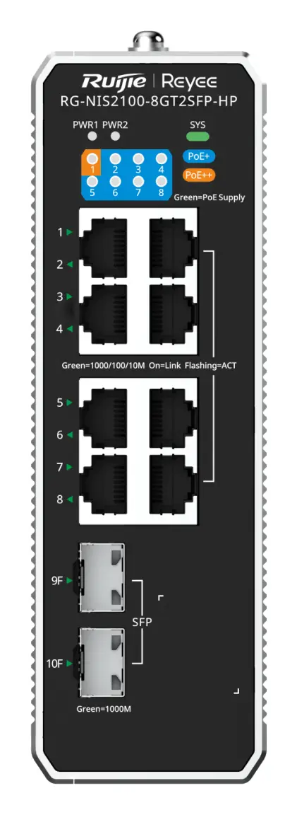 Reyee RG-NIS2100-8GT2SFP-HP 8 Port Gigabit PoE++ 2×SFP Endüstriyel Switch — görsel 2